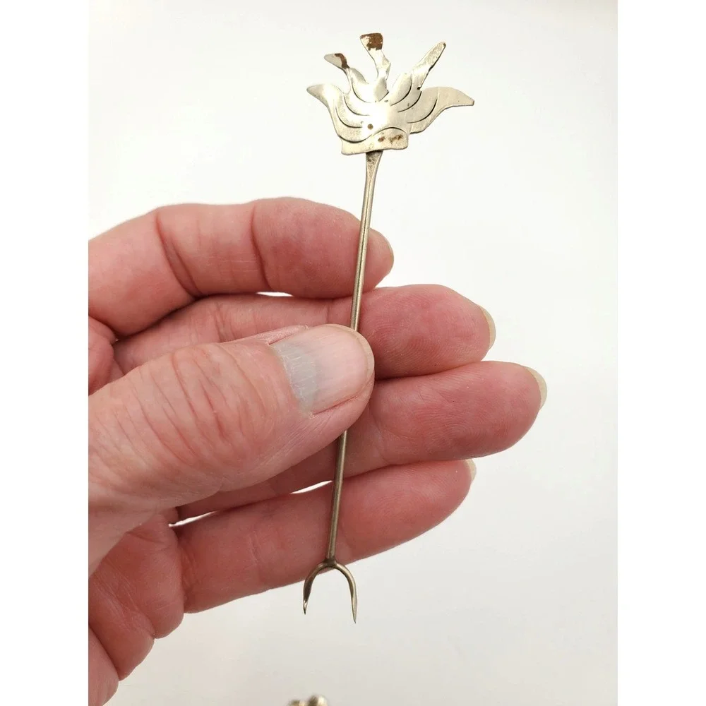 Vintage Alpaca Silver Cocktail Picks Set 12 Figural Olive Forks Mid Century